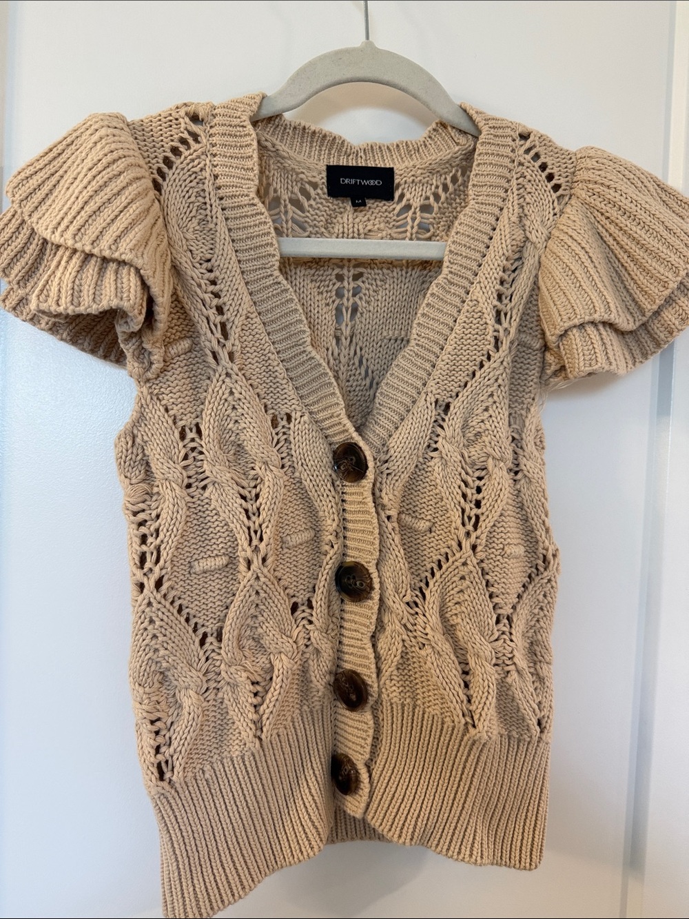 DRIFTWOOD Beige Open-Knit Short-Sleeve Cardigan